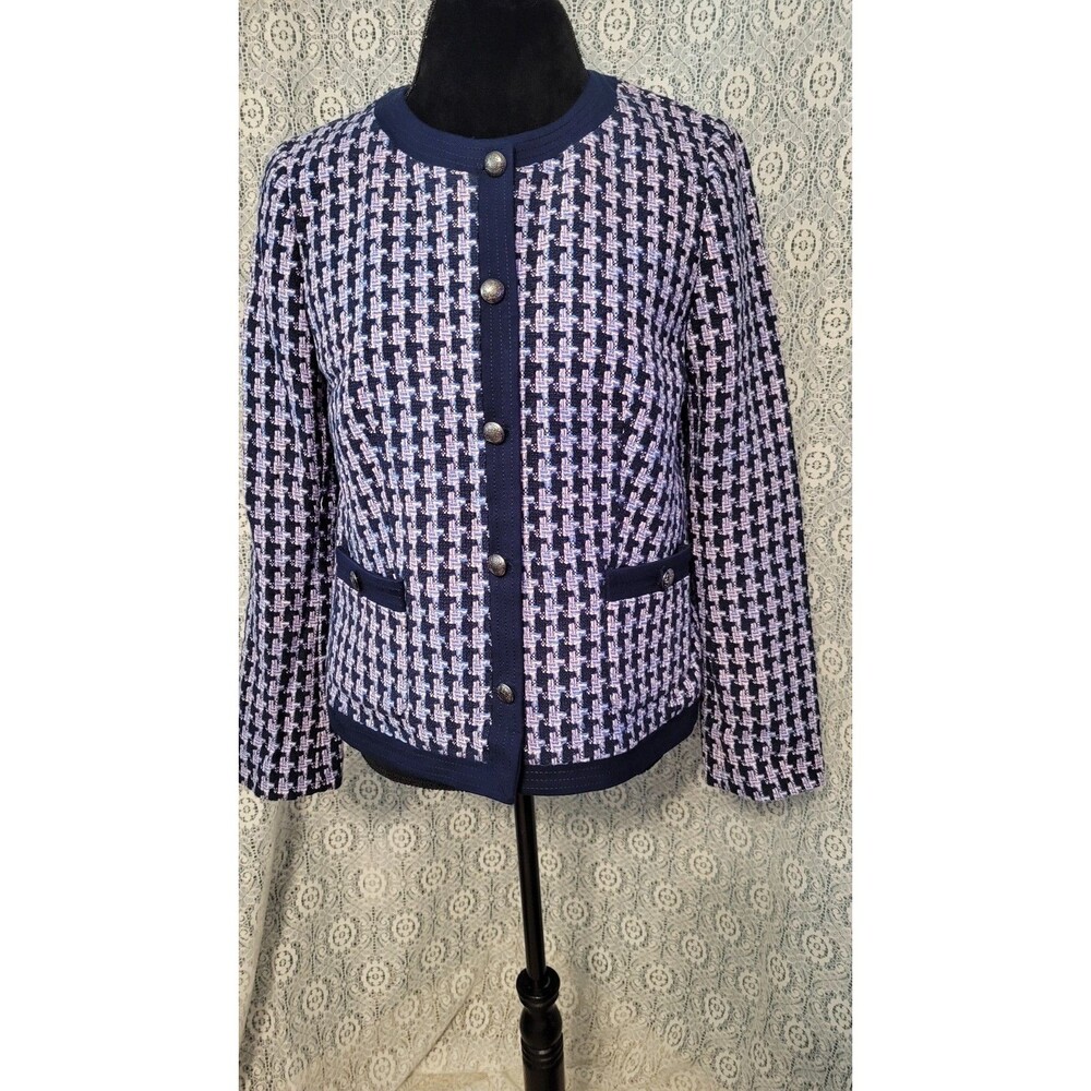 Talbots Collarless Tweed Jacket Lady Blazer 10 Nvy Blue Pink Purple Silver Crest